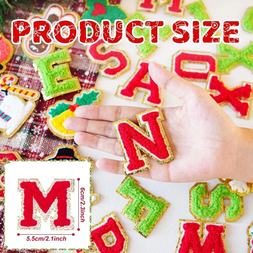 Urradia 66 Pc Christmas Chenille Patches A-Z Letters Santa Iron On Red Green